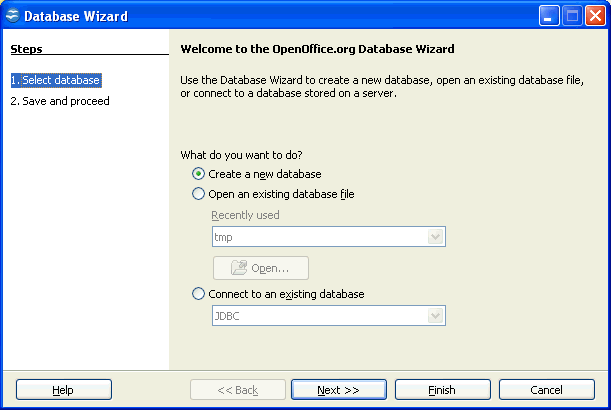 Database wiazard screen