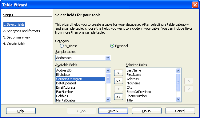 Table Wizard, after user input